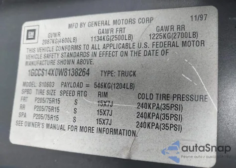 1998 Chevrolet S-10 Ls Fleetside из США, поврежденный, VIN 1GCCS14X0W8138264